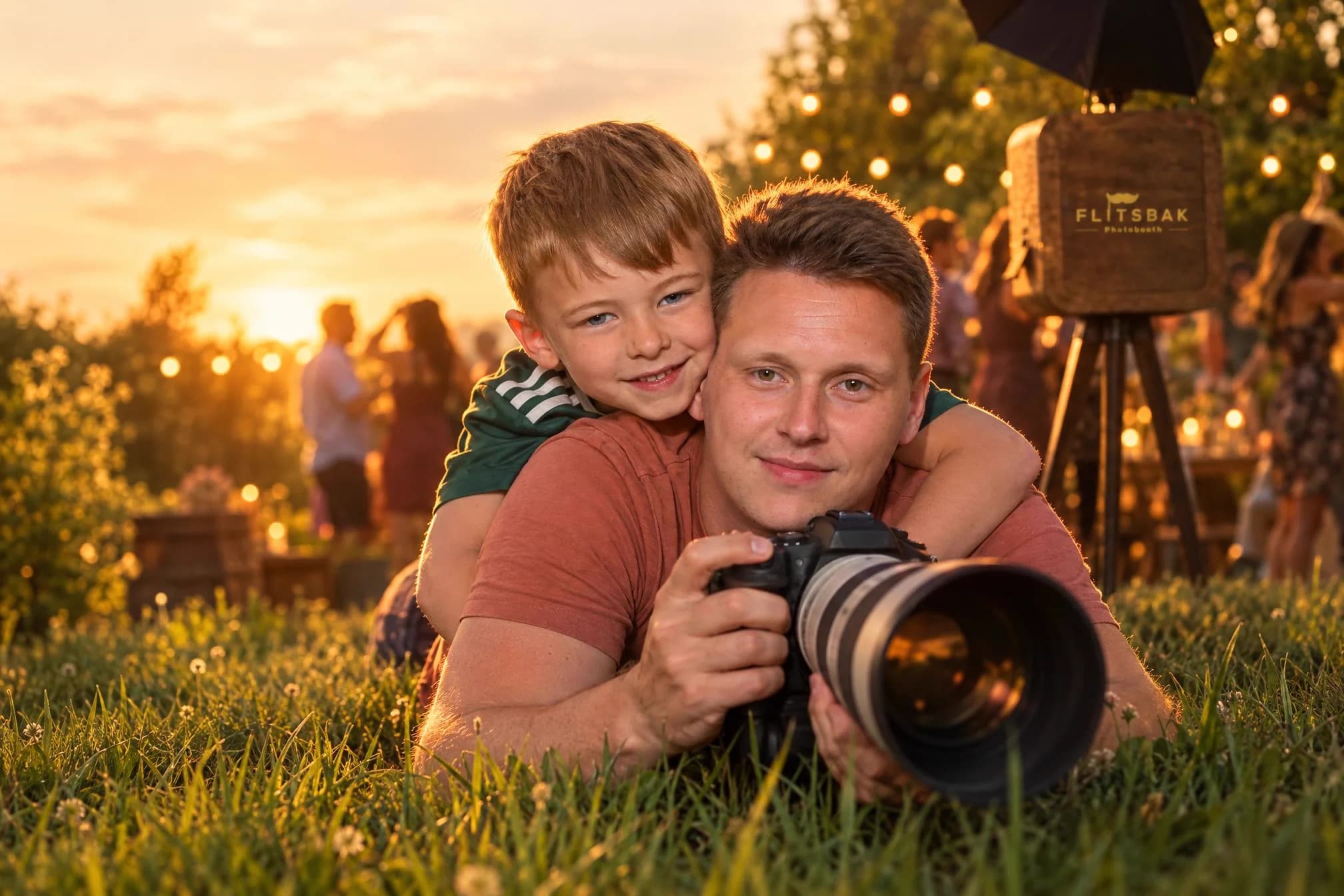 Sven ligt met een camera in het gras op een tuinfeest bij zonsondergang, zijn zoontje op zijn rug, met de Flitsbak photobooth op de achtergrond