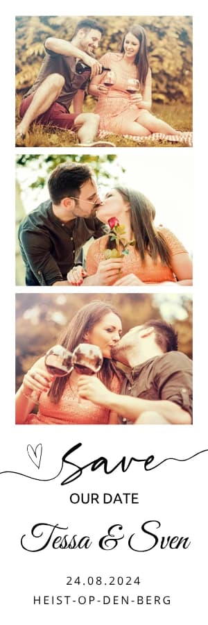 Save-the-date strookje 'Save our date' met drie foto's van het koppel, hun namen en trouwdatum
