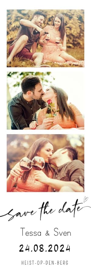 Save-the-date strookje 'save the date' met drie foto's van het koppel, hun namen en trouwdatum