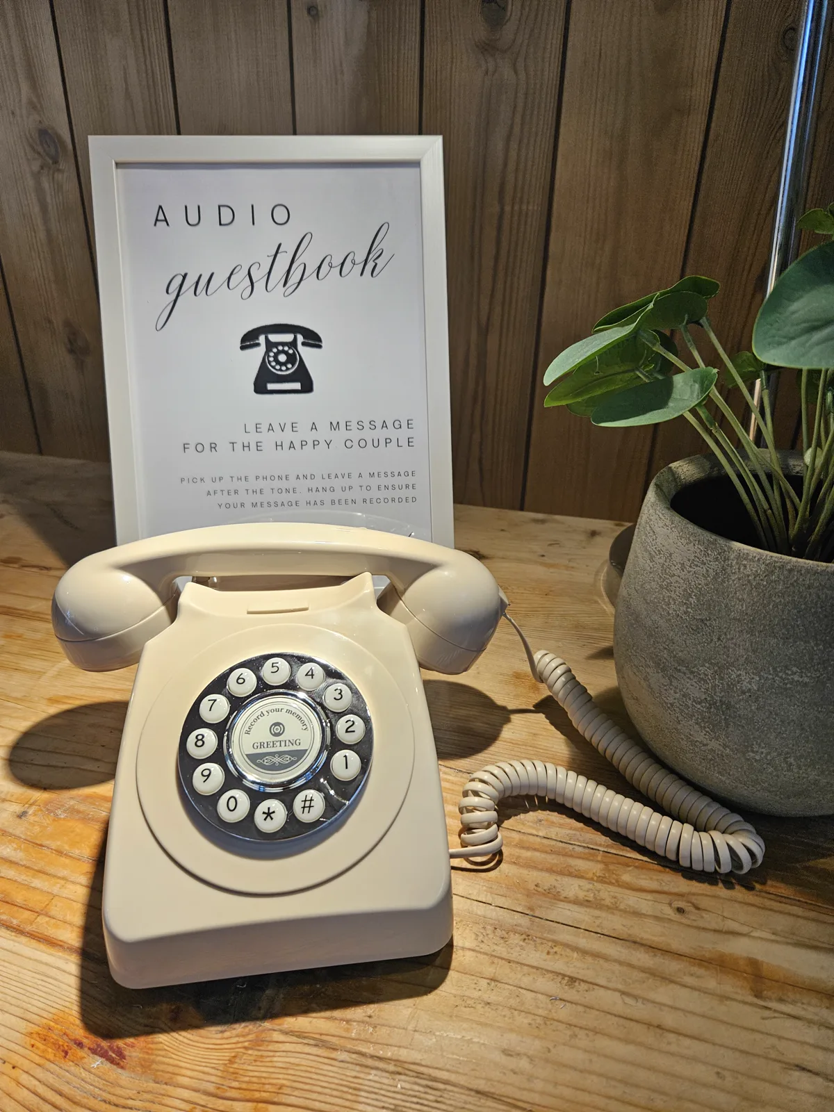 Beige trouwfoon met audio gastenboek-kader tegen een houten wand